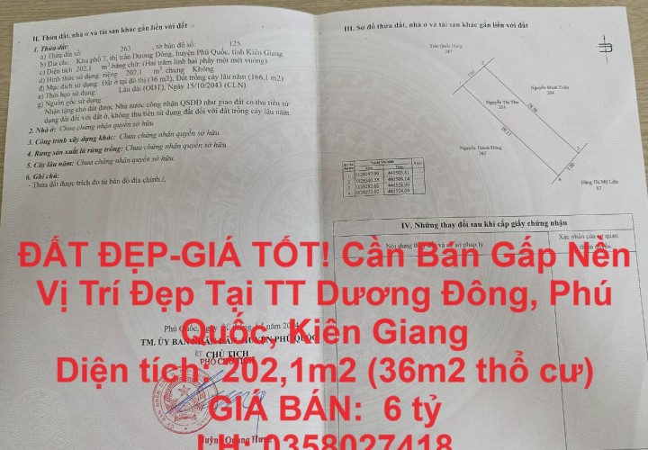 ĐẤT ĐẸP-GIÁ TỐT! Cần Bán Gấp Nền Vị Trí Đẹp Tại TT Dương Đông, Phú Quốc, Kiên Giang